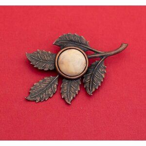 Vintage Bronze Tone Rose Leaf Brooch - F27